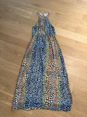 HD in Paris Blue, Green and Orange Patterned Halter Maxi Dress